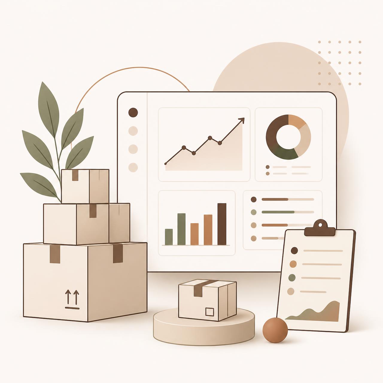 Ilustración de inventario, ventas y métricas de negocio